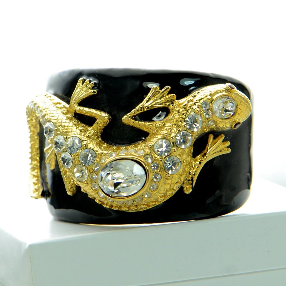 Kenneth Jay Lane Black Enamel Lizard Hinged Cuff Bracelet